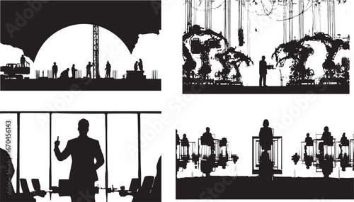 Silhouettes of people in front of city skyline vector illustration