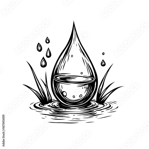 Illustrative portrayal showcases water drop within gentle waves with surrounding blades of grass
