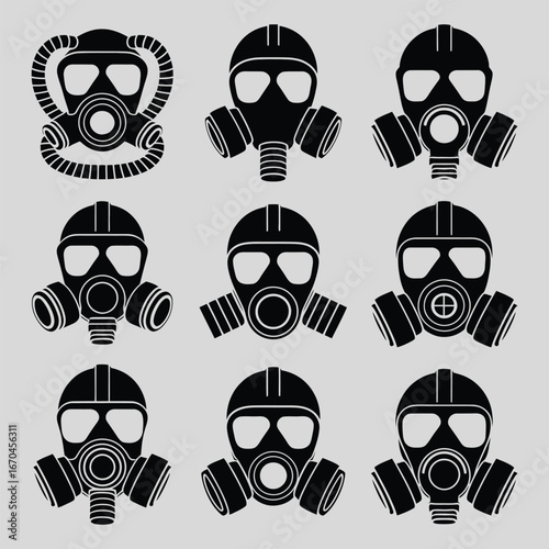 Gas Mask Icon Set Vector – Protective Respirator Silhouette Collection