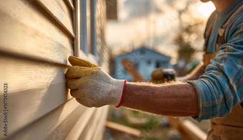 Construction worker installs siding
