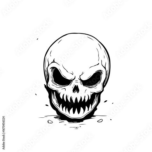 Intense skeletal head in stark black and white graphic art expressing mortality symbolism death
