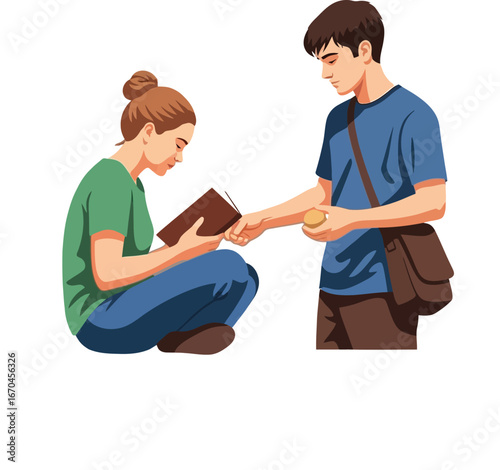 Young couple studying and sharing book in casual clothing vector illustration 