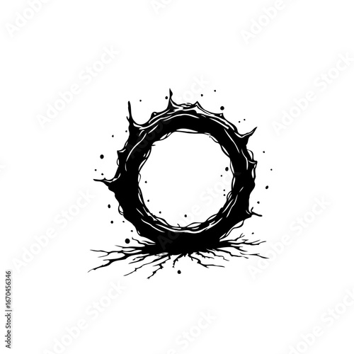 Intricate black circle with sharp projections evoking organic decay and unsettling artistic