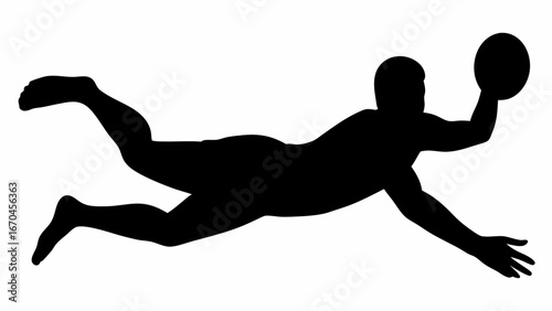 Silhouette of a goalkeeper diving to catch a ball with outstretched arm on a white background scene image