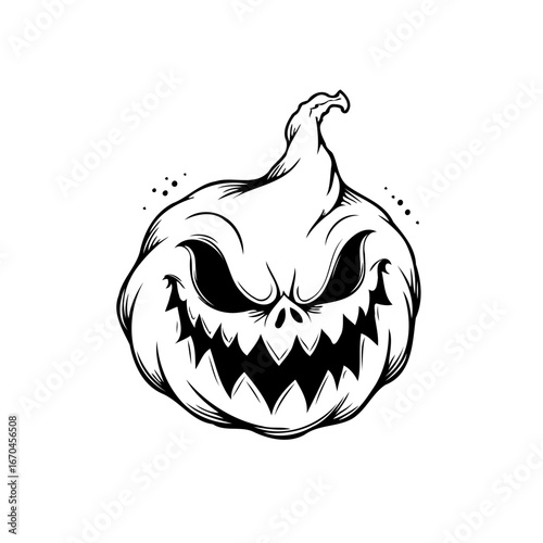 Intricate monochrome pumpkin visage showcases artistic lines ideal for halloween designs and