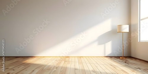 Minimalistic abstract empty background for product presentation with light shadow from the window on wall. Wooden floor with a large copy space.