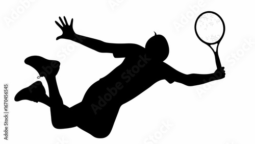 Silhouette of tennis player diving with racket in hand against a white background in a dynamic pose