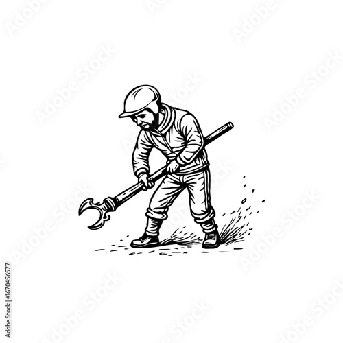 Intricate worker with a huge wrench in monochrome illustration showcasing construction or repair