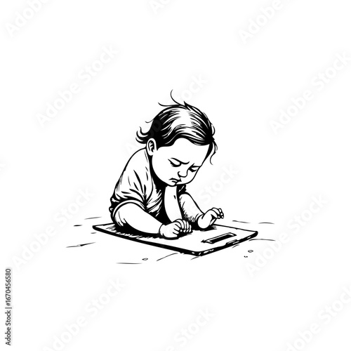 Intrigued little explorer absorbed in a world of imagination and discovery with digital tablet on