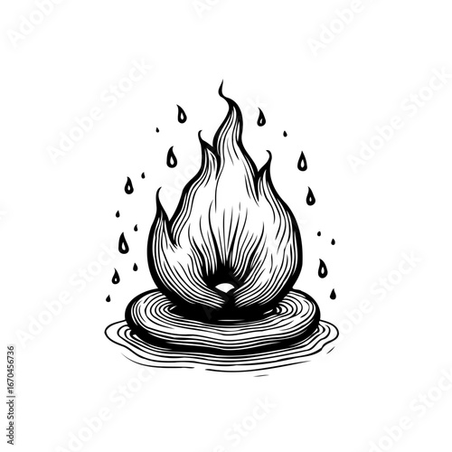 Minimalist bonfire illustration evoking primitive energy and transformation featuring droplets