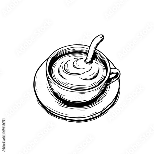 Minimalist drawing illustrating a cup of rich creamy liquid with a spoon resting inside the cup