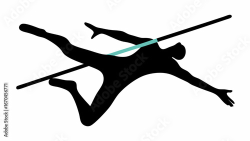 Silhouette of a pole vaulter in action clearing a teal bar with arms outstretched and legs extended in air