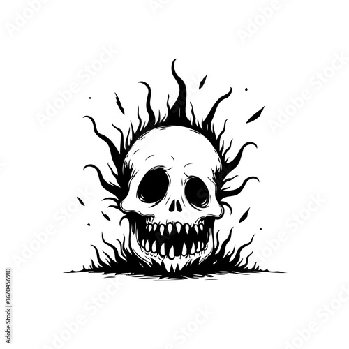 Monochromatic skull engulfed by flames, artistic illustration featuring macabre elements and