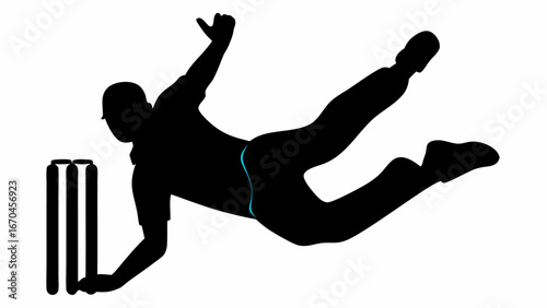 Silhouette of cricket player diving to catch ball near wickets in black and white illustration style image