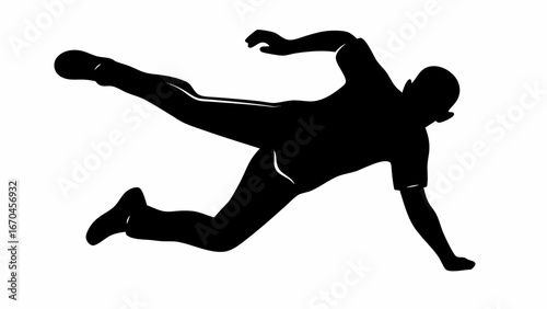 Silhouette of a man in a dynamic pose with one leg extended and arm reaching out for balance on white