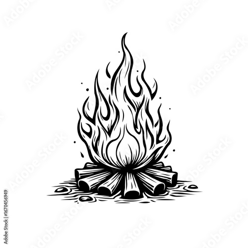 Monochrome bonfire drawing on logs creates a warm feeling for outdoor lovers and adventurers