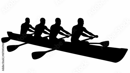 Silhouette of rowing team with four rowers in a boat paddling in sync on the water surface together