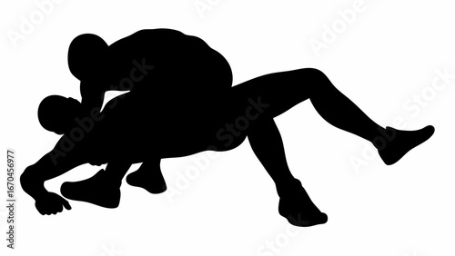 Silhouette of two wrestlers grappling on the ground in a competitive match showcasing athleticism and strength