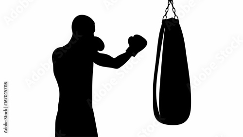 Silhouette of a boxer training with a punching bag hanging from a chain in a monochrome illustration