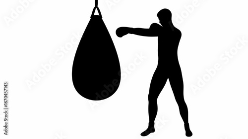 Silhouette of boxer punching a hanging punching bag in a gym training for a boxing match or competition