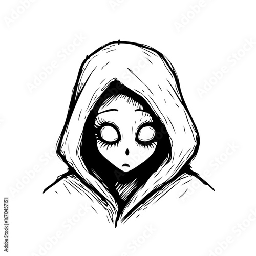 Monochrome hooded figure evokes mystery and intrigue through minimalistic rendering and simple