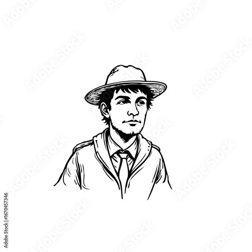 Monochrome portrait depicting a young man with hat and jacket in thoughtful pose rendering a