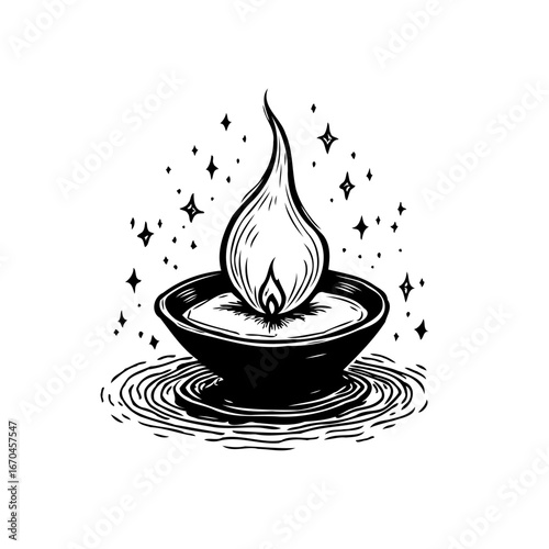 Mystic flame flickering in a tranquil bowl radiating serene energy amidst shimmering starlight