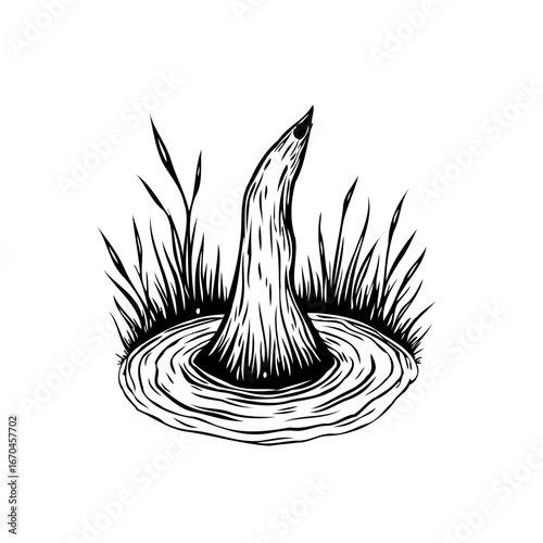 Mystical swamp water formation amidst tall grass illustration a monochrome fantasy scene in watery