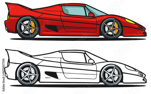 Car line art drawing, Isolated Vector Outline Illustration Black and White with Coloring Sample