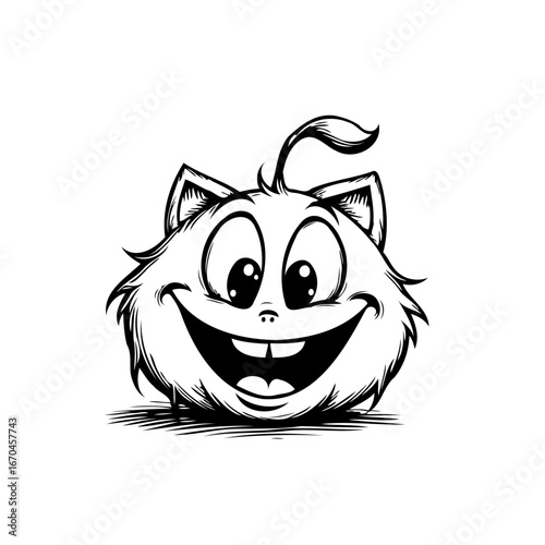 Playful cartoon character design featuring a whimsical fluffy smiling creature with big eyes