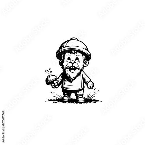 Playful bearded character illustration wearing a hard hat holding a mushroom in a monochrome style
