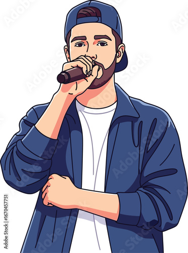 Male rapper performing with microphone in casual streetwear illustration vector art