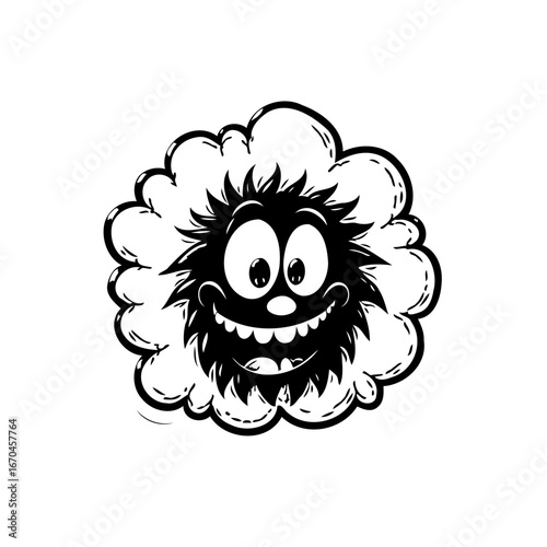Playful character emitting from a cloud with black spiky hair grinning widely cartoonish depiction