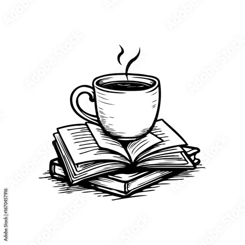 Relaxing moment with a warm beverage and fascinating literature illustration conveying quiet