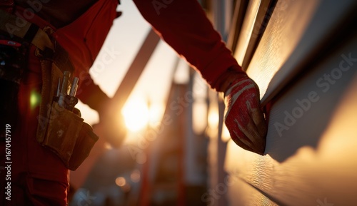 Construction worker installing siding at sunset