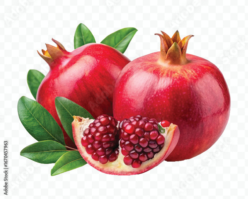 fresh pomegranate with slice and  leaves in different style isolated on transparent background