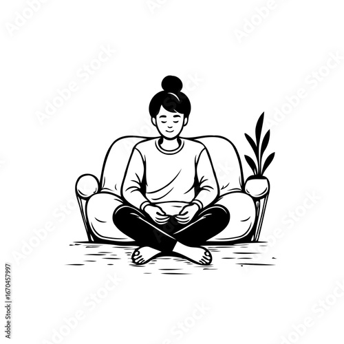 Serene meditative practice at home illustration depicting mindfulness and relaxation on a