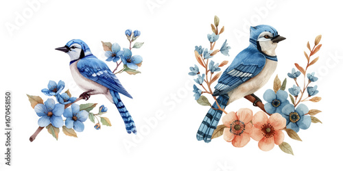 floral blue jays watercolor vector illustration