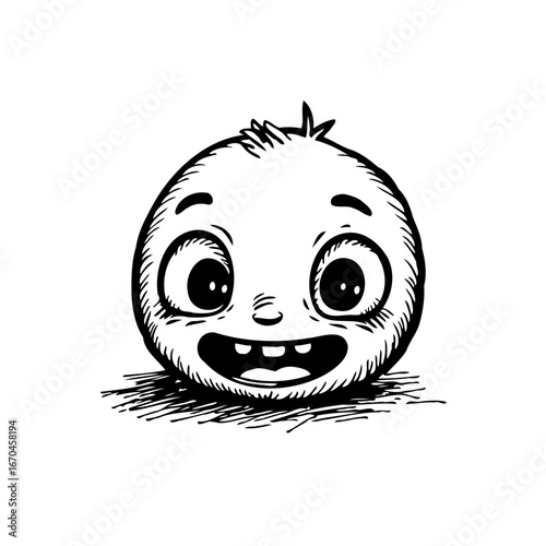 Sketchy whimsical character with expressive eyes and toothy grin creating a joyful emotion