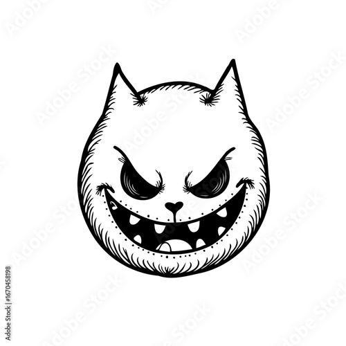 Sketchy feline expression of a black and white whimsical grinning cat illustration with evil eyes