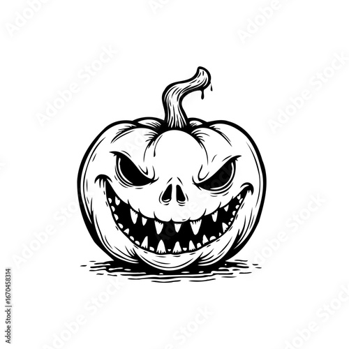 Spooky carved pumpkin visage with intricate detail evokes autumnal festival ambiance halloween