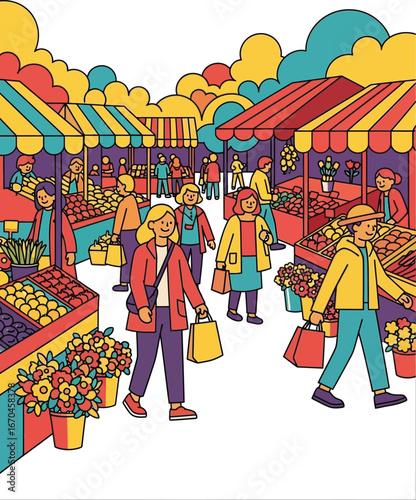 Outdoor market scene with colorful tents and diverse shoppers buying fresh produce and flowers in busy street setting 