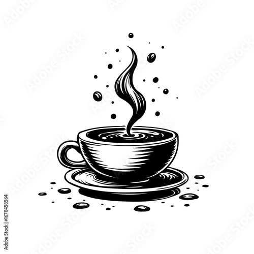 Steaming brew in monochromatic cup illustration invites thoughts about morning moments with warm