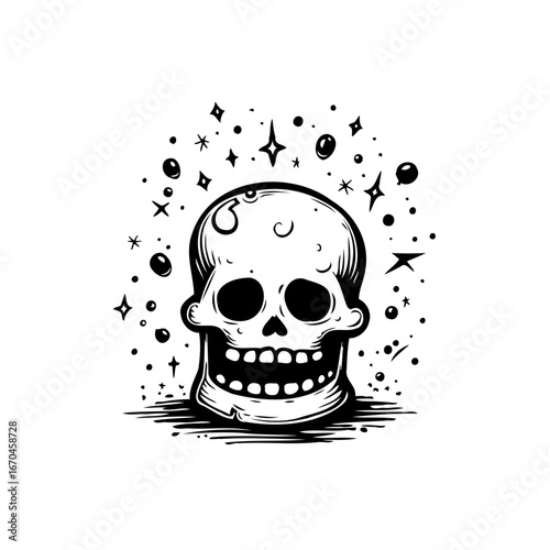 Stylized cranium illustration with celestial accents perfect for spooky season design and