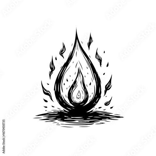 Stylized depiction of a dancing flame with ink sketching a simple and expressive abstract design