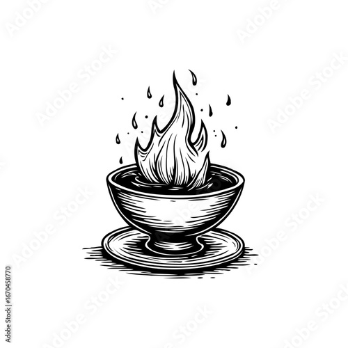 Stylized depiction of fire emanating from a bowl with saucer in monochrome art style illustration