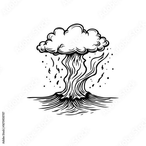 Stylized depiction of volcanic eruption spewing billowing cloud drawing imagination of earth's raw