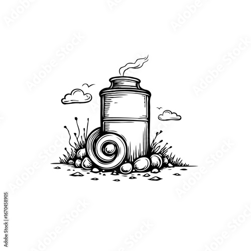 Stylized factory emitting smoke surrounded by nature illustrating coexistence highlighting