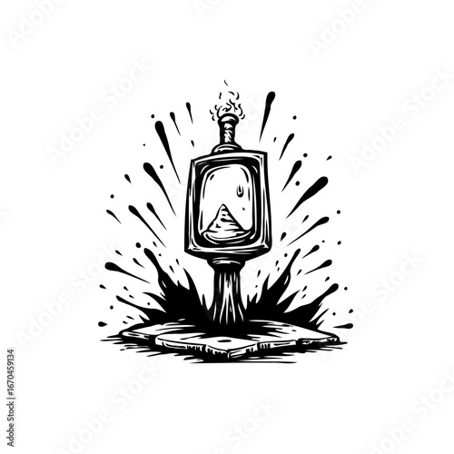 Stylized mystical square bottle with flame atop and geometric shapes inside emits energy