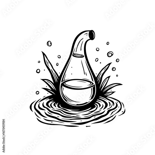 Stylized potion illustration with curious liquid, botanical elements and circular base reflecting